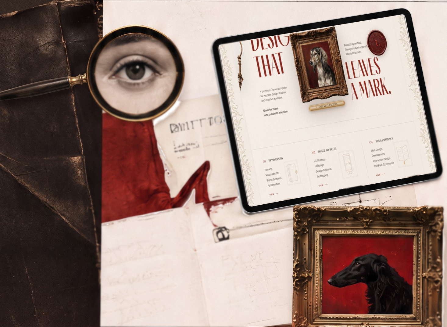 A studio desk: a magnifier over an engraved eye, torn paper with a red brush stroke, a tablet showing the temune homepage, and a gilt frame holding a black saluki portrait