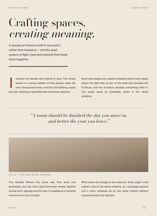 Aurea Living website design, an interior in low light
