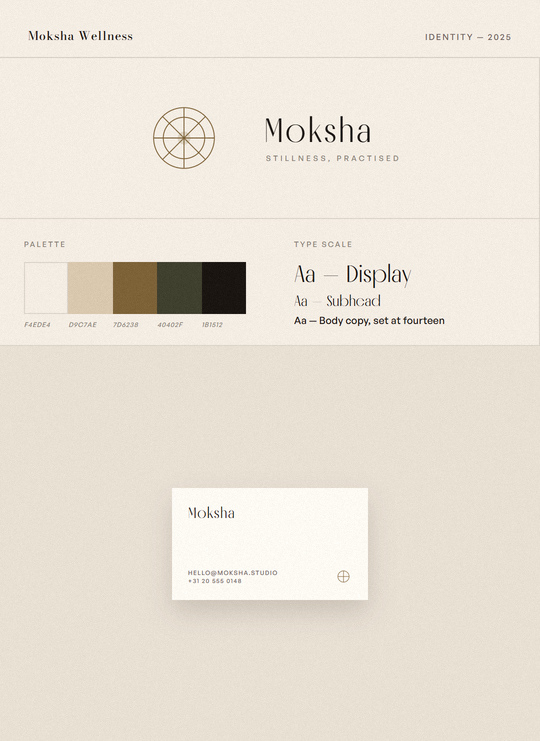 Moksha Wellness brand identity, gold mandala on cream card